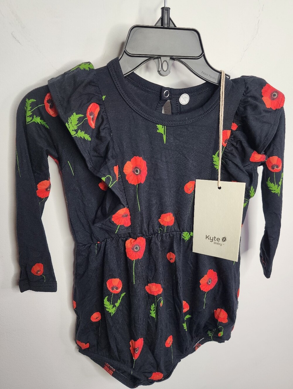 Kyte BABY Black Red Poppy Ruffle Long Sleeve Bodysuit Midnight Poppy